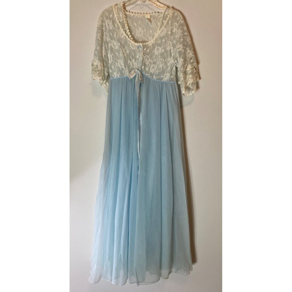 Vintage Val Mode Lingerie Peignoir Set Blue White Lace Nightgown Robe Small